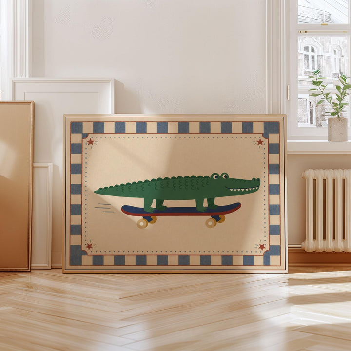 A framed illustration of a green alligator riding a skateboard is displayed on a wooden floor in a room with a window and a radiator.