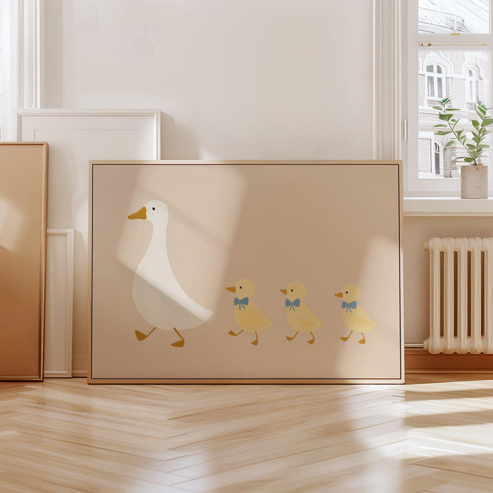 a picture of a duck and ducklings in a room