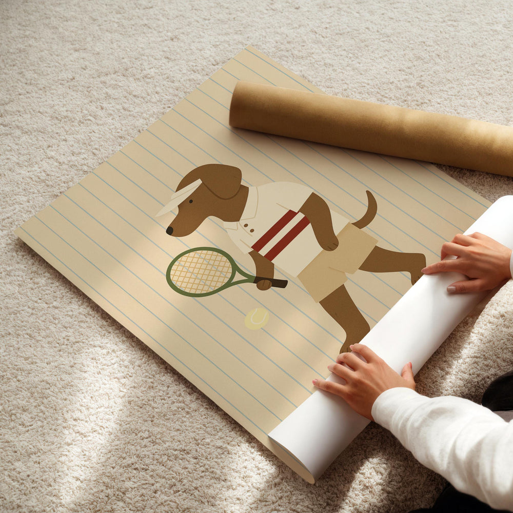 a child is playing with a paper cut out of a dog with a tennis rack