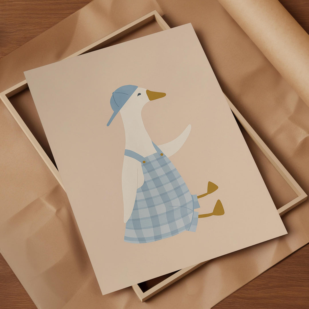 a card with a picture of a duck in a dress