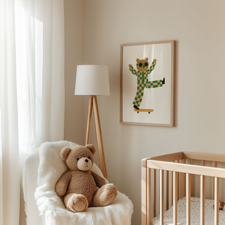 a teddy bear sitting in a chair next to a crib