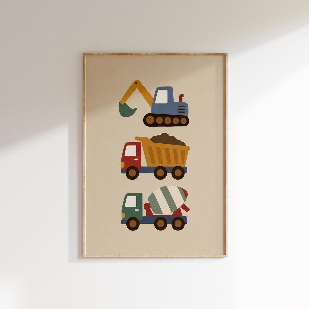 The image is a framed illustration of three different construction vehicles, including a bulldozer, a dump truck, and a cement mixer truck.