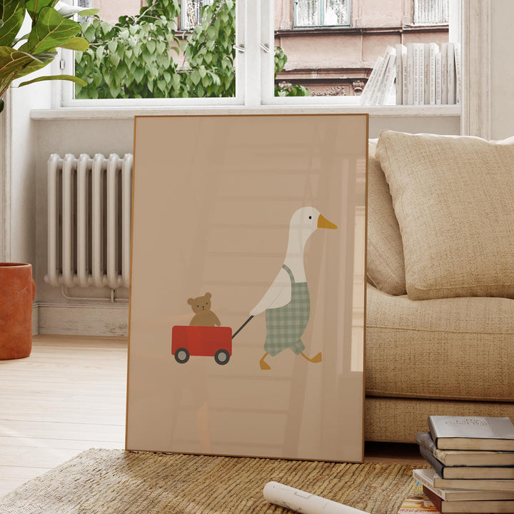 a picture of a duck pulling a teddy bear on a wagon
