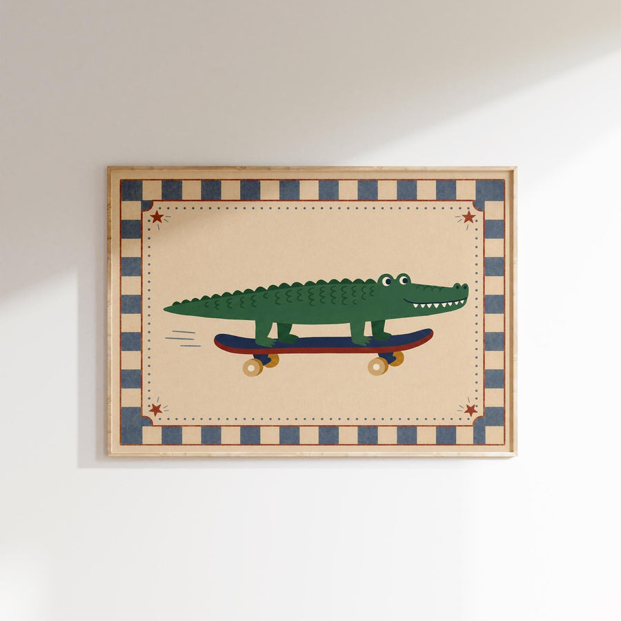 A framed illustration of a green alligator riding a skateboard.