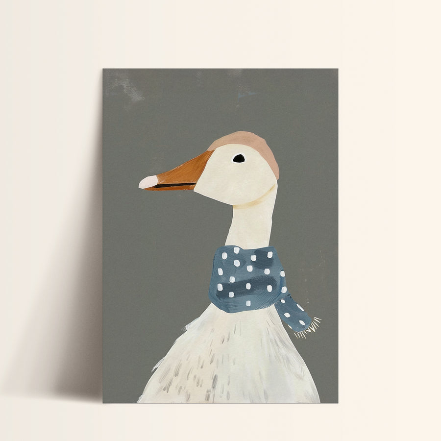 a painting of a duck wearing a polka dot shirt