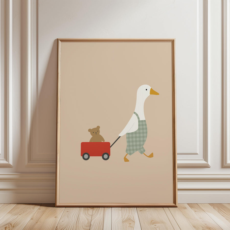 a picture of a duck pulling a wagon with a teddy bear