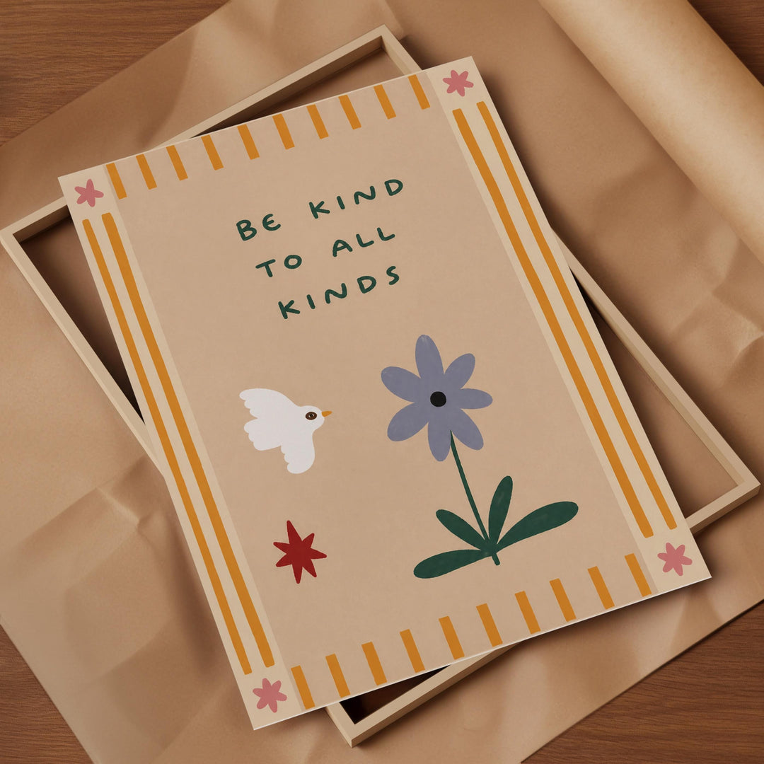 a card with a message encouraging kindness and an illustration of a bird, flower, and star.