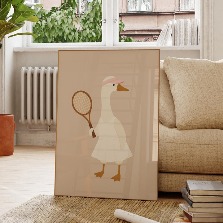 a picture of a duck holding a tennis racket