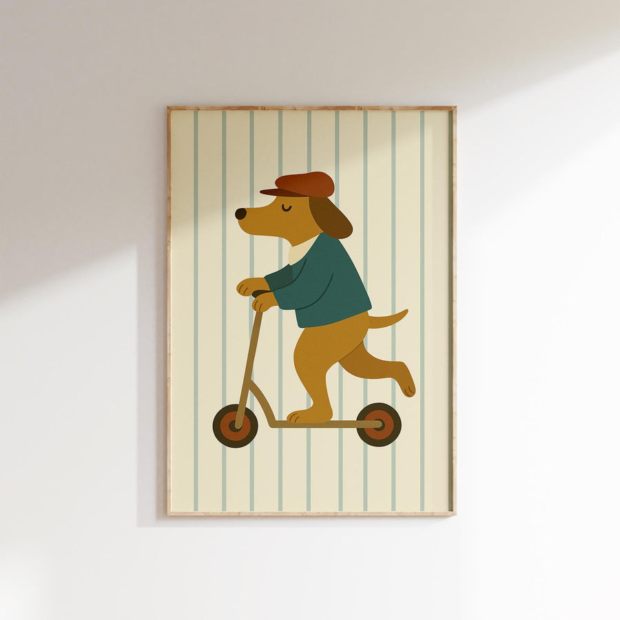 a picture of a dog riding a scooter
