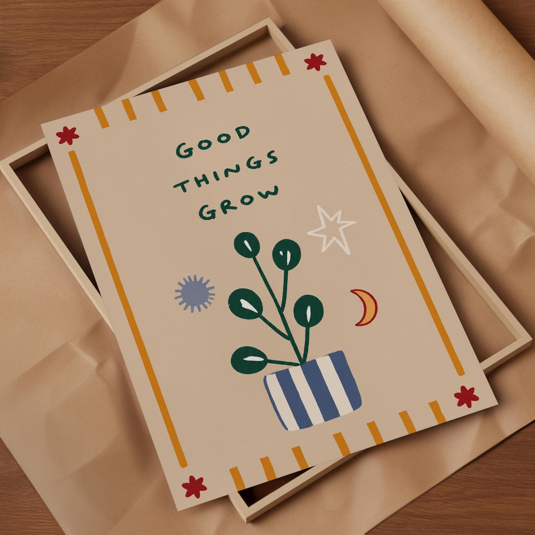 a card with a plant illustration and the text "Good things grow" written on it.