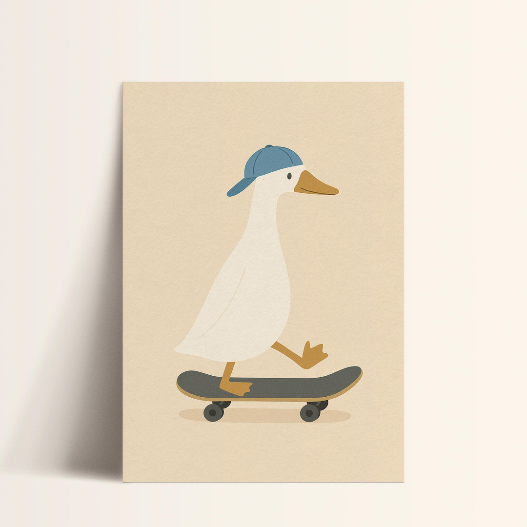 a card with a picture of a duck on a skateboard