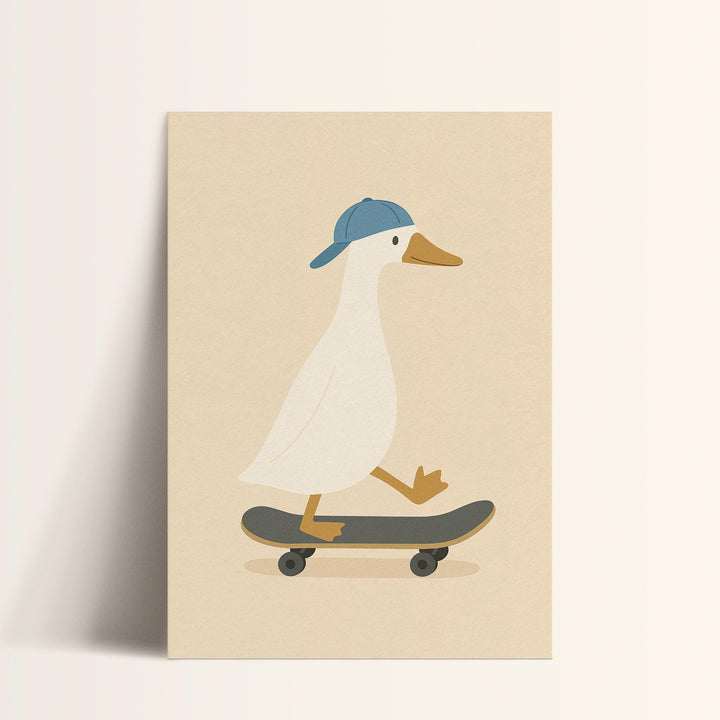 a card with a picture of a duck on a skateboard