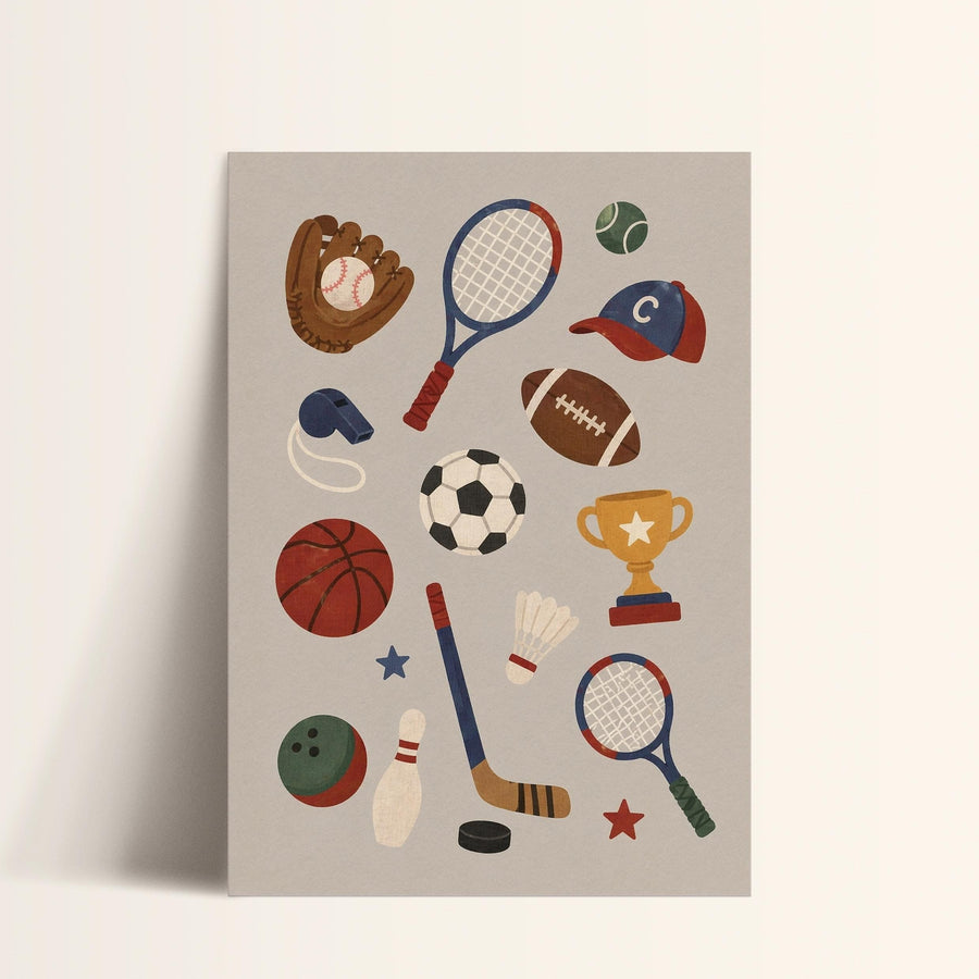 The image is a collage of various sports equipment, including a baseball glove, tennis racket, football, basketball, baseball, soccer ball, bowling ball, badminton racket, hockey stick, and a trophy.