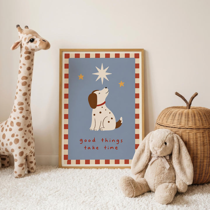 a framed poster with a dog and a star, surrounded by stuffed animals, including a giraffe and a stuffed rabbit, on a white carpeted floor.