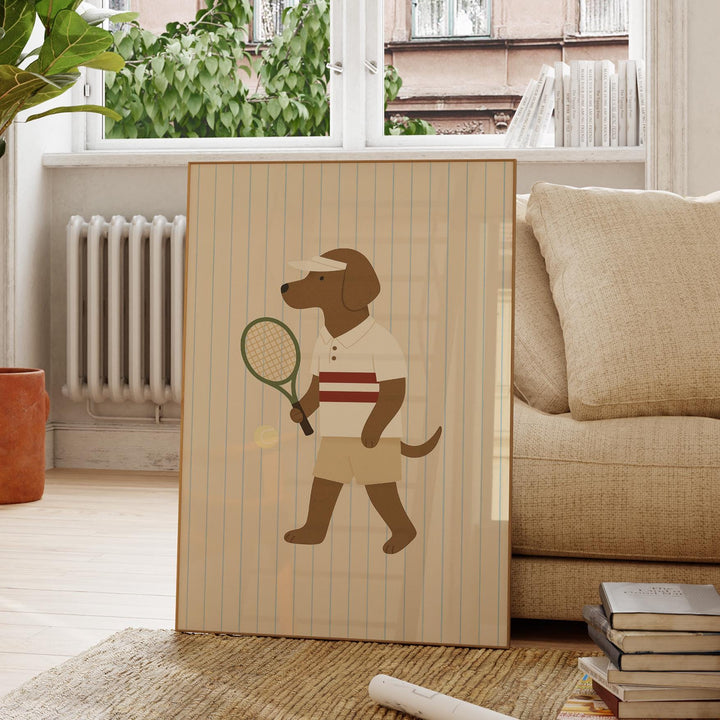 a picture of a dog holding a tennis racket
