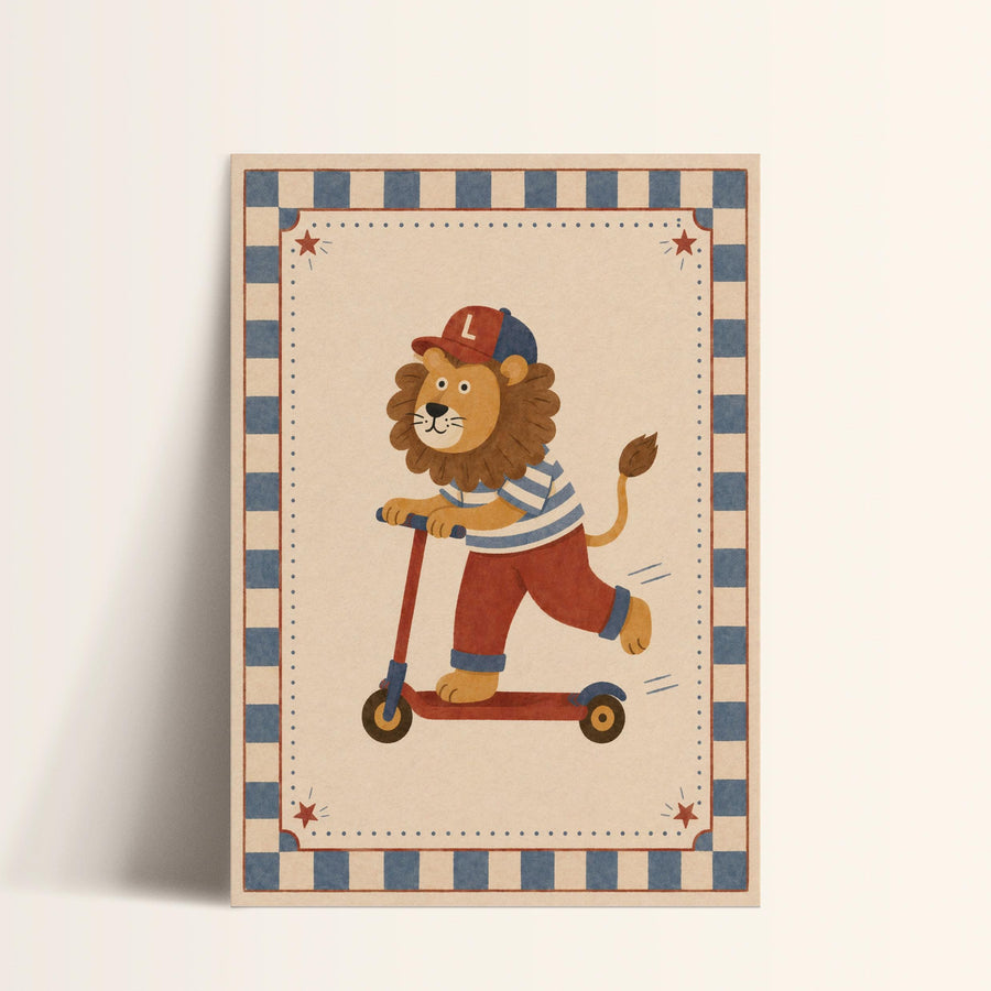 A lion riding a scooter in a playful manner.