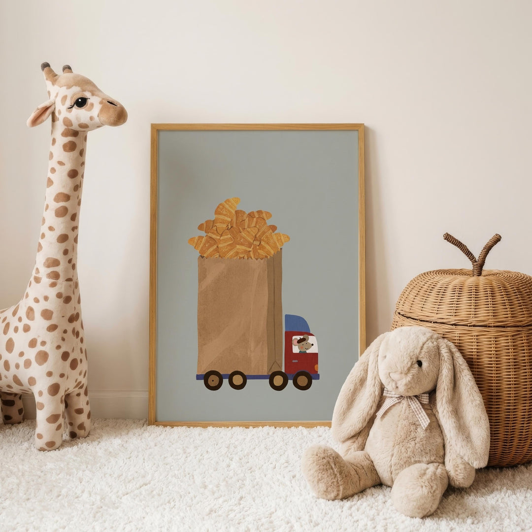 a giraffe, a stuffed rabbit, and a wicker basket, all placed on a white carpet.