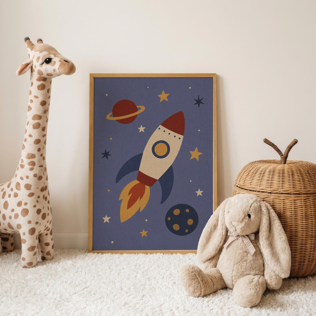 A giraffe and a stuffed rabbit are positioned next to a framed picture of a rocket ship and a planet, all set against a white wall.