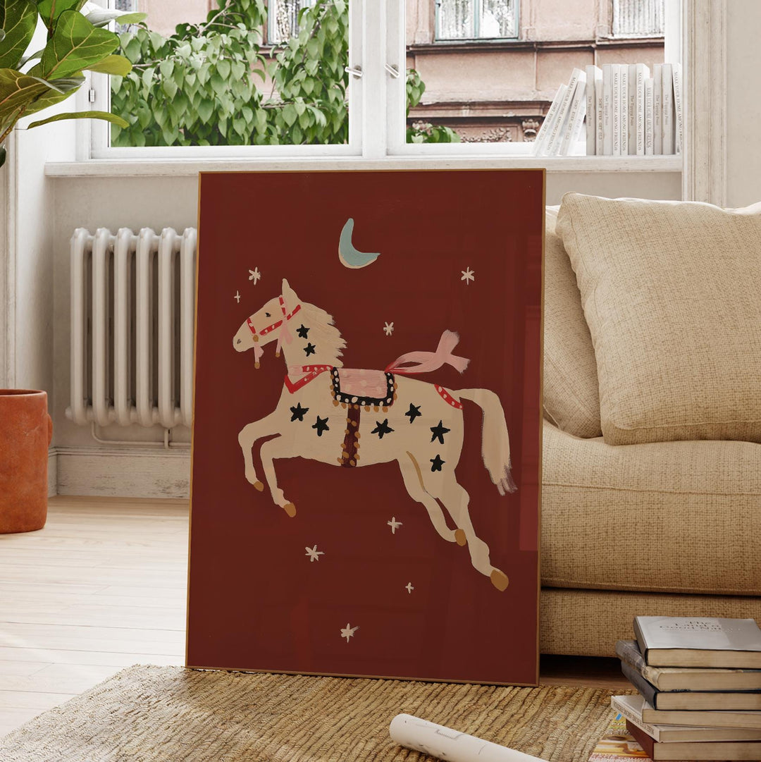 a picture of a horse with stars and a moon on it