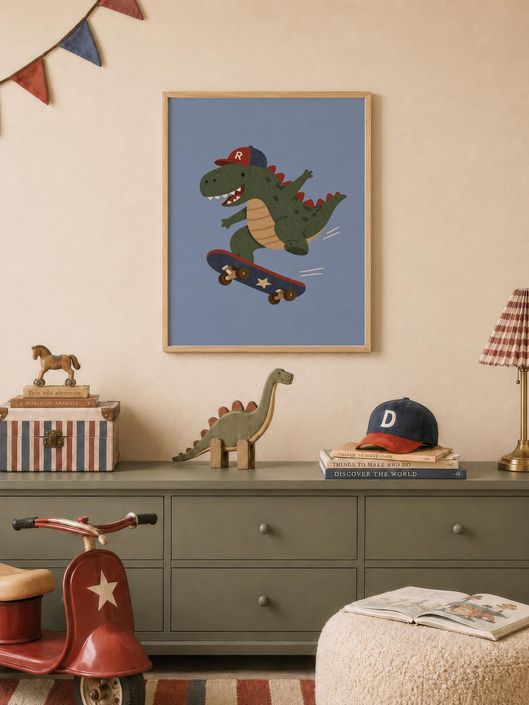 a child's bedroom with a framed illustration of a dinosaur riding a skateboard on the wall. The room is decorated with various toys, including a toy horse, a toy dinosaur, and a toy baseball cap. There are also books and a lamp in the room, creating a cozy and playful atmosphere.