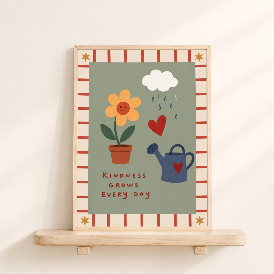 The image is a framed poster with a green background, featuring illustrations of a flower, a watering can, and a cloud. The text on the poster reads "Kindness grows every day".