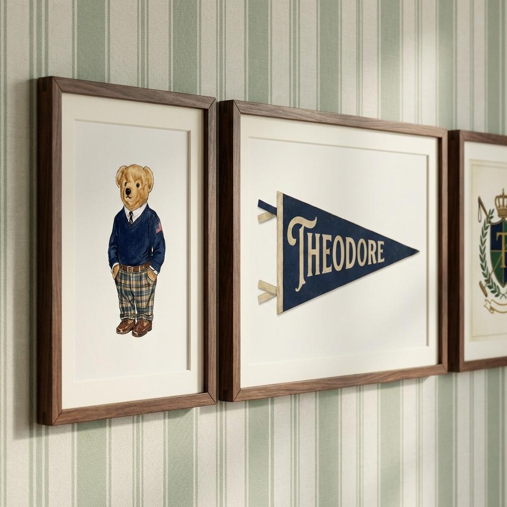 Ralph Bear Nursery Wall Art Set of 6, Custom Preppy Gallery Wall, Personalized Pennant Name Print, Classic Boys Room Decor
