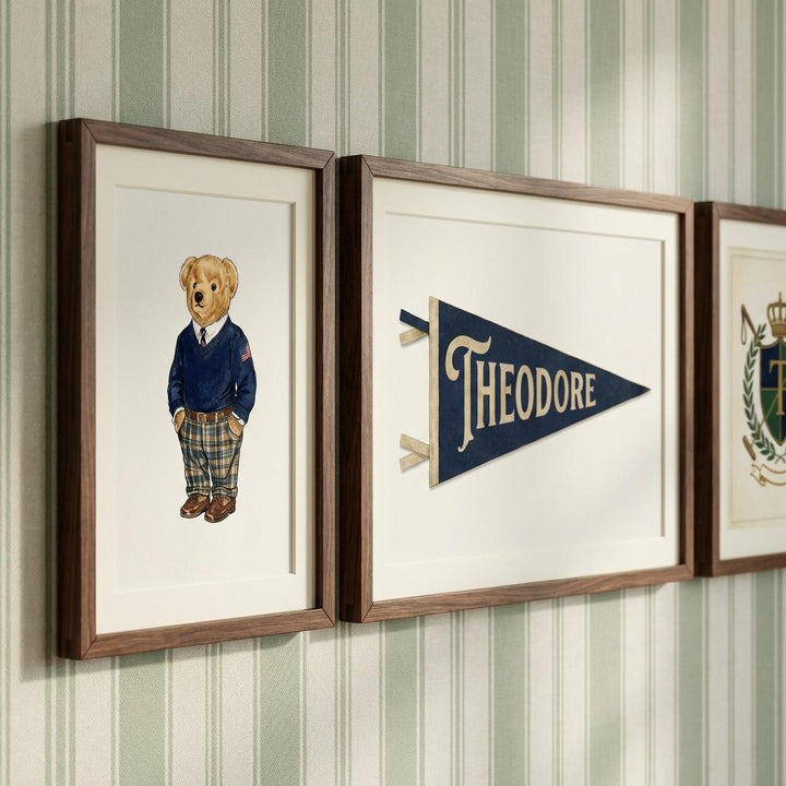 Ralph Bear Nursery Wall Art Set of 6, Custom Preppy Gallery Wall, Personalized Pennant Name Print, Classic Boys Room Decor