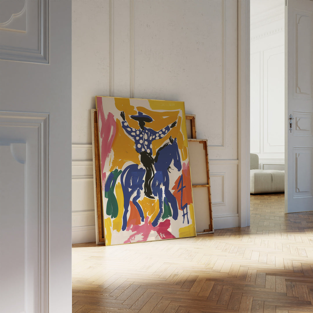 a picture of a cowboy on a horse in a room