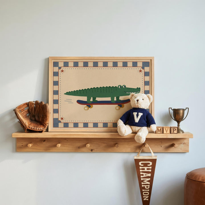 a wooden shelf with various items, including a framed picture of a green alligator on a skateboard, a teddy bear, a baseball glove, and a trophy.