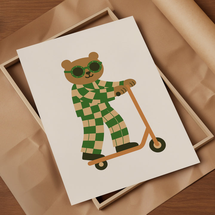a card with a picture of a teddy bear on a scooter