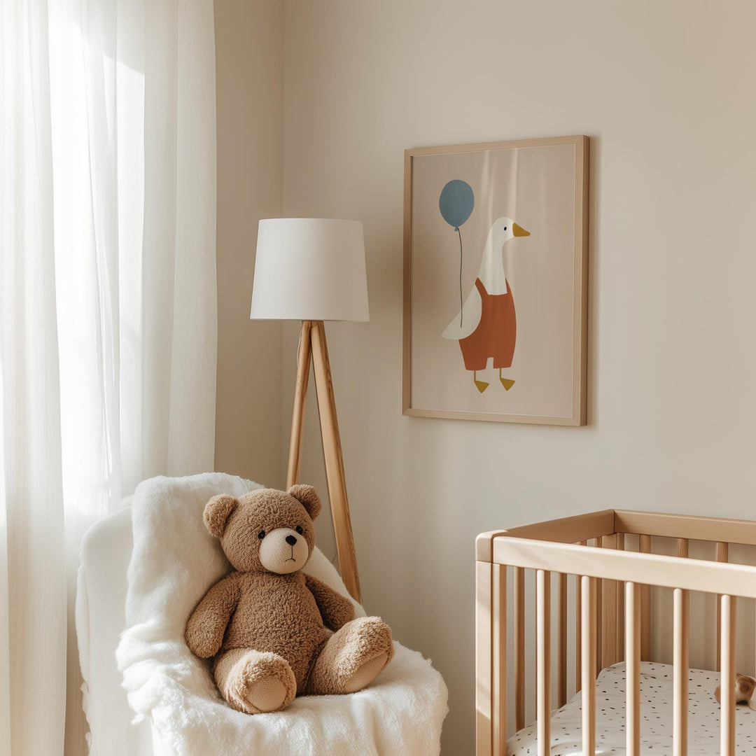 a teddy bear sitting in a chair next to a crib