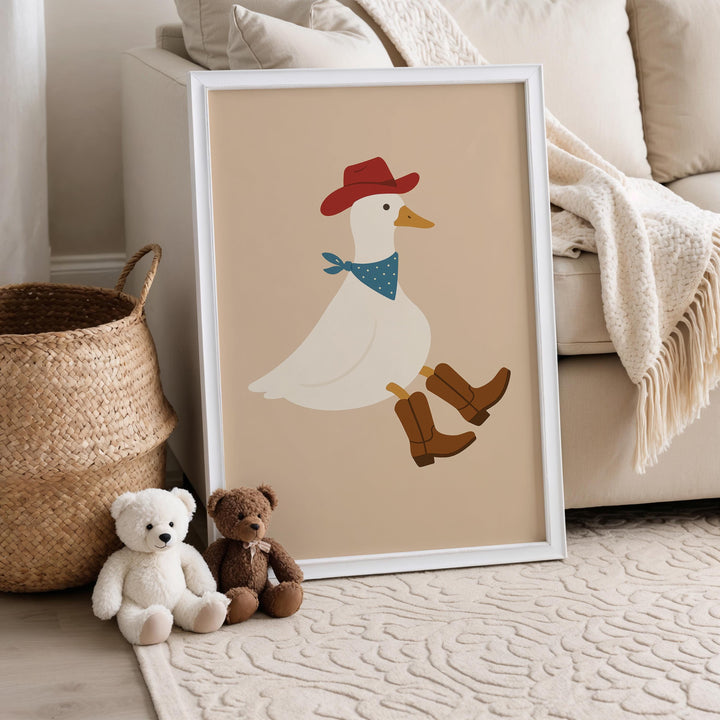a picture of a duck with a cowboy hat and boots next to a teddy bear