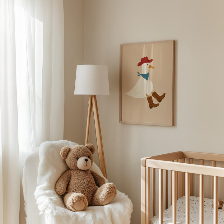a teddy bear sitting in a chair next to a crib