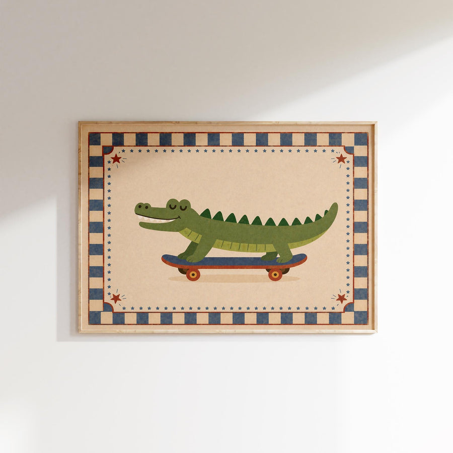 A framed illustration of a green alligator riding a skateboard.