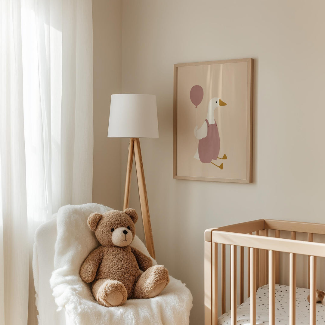 a teddy bear sitting in a chair next to a crib