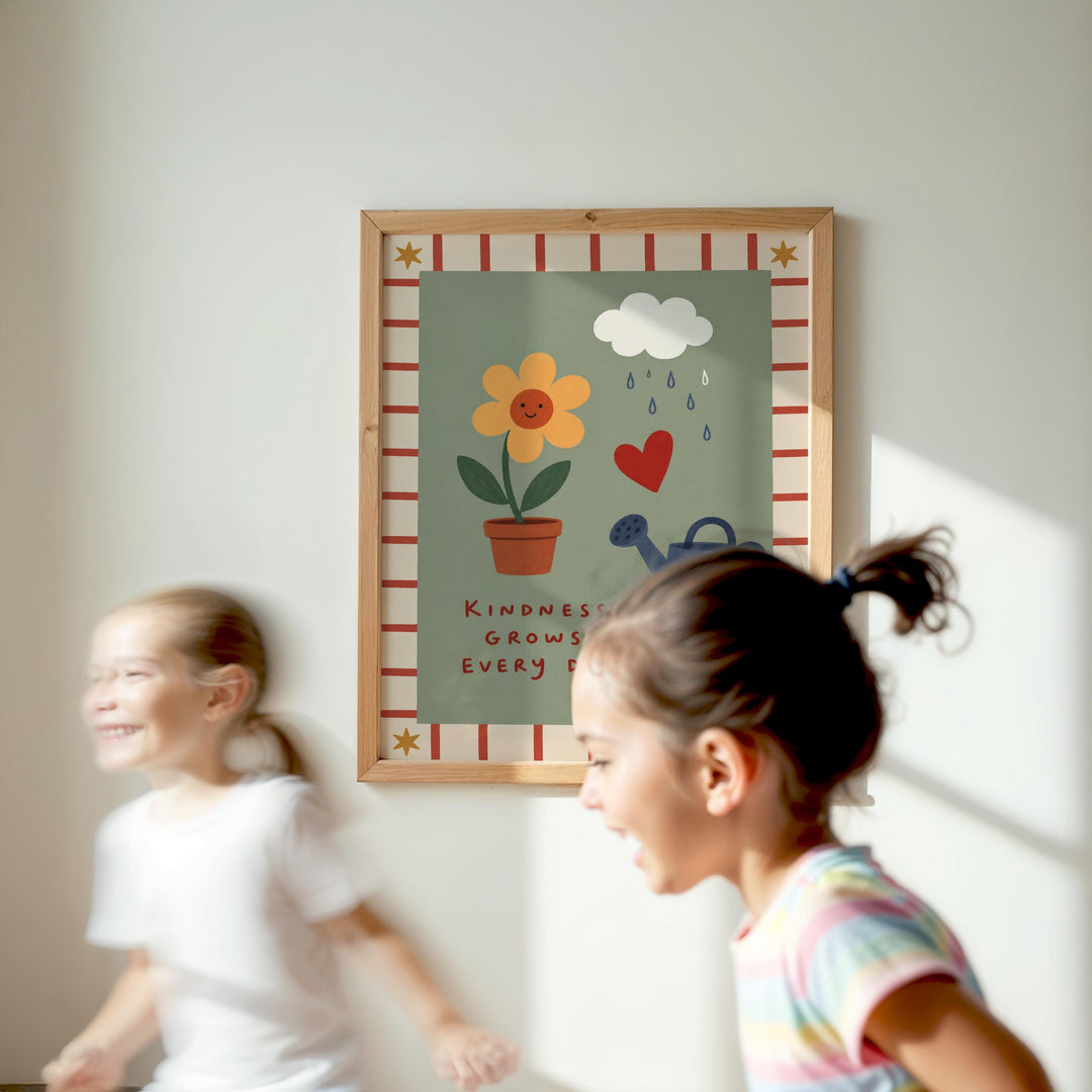 Two young girls are running in front of a framed poster with a flower, rain, and a heart-shaped cloud.