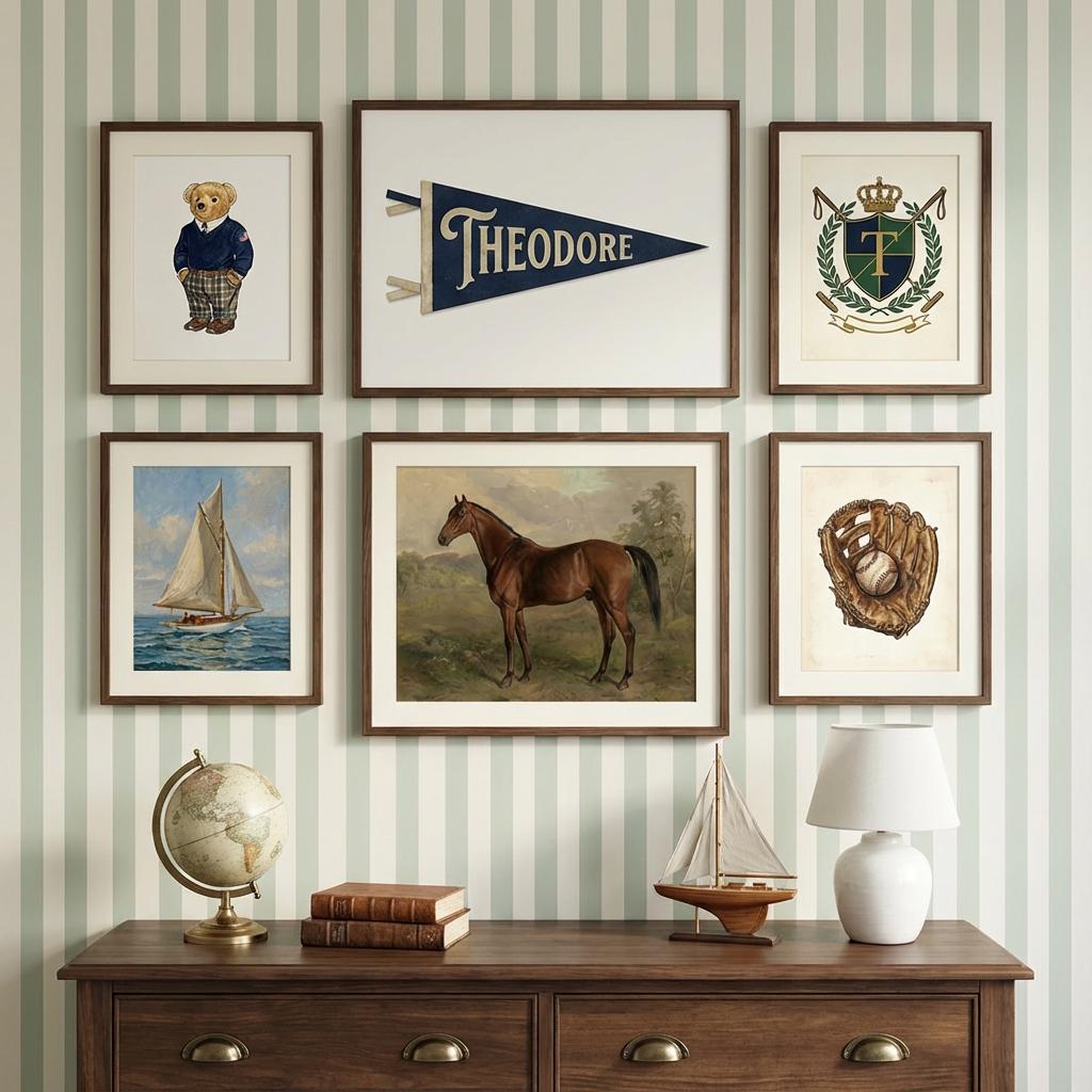 Ralph Bear Nursery Wall Art Set of 6, Custom Preppy Gallery Wall, Personalized Pennant Name Print, Classic Boys Room Decor