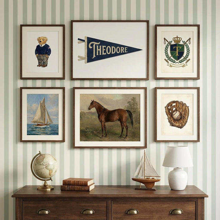 Ralph Bear Nursery Wall Art Set of 6, Custom Preppy Gallery Wall, Personalized Pennant Name Print, Classic Boys Room Decor