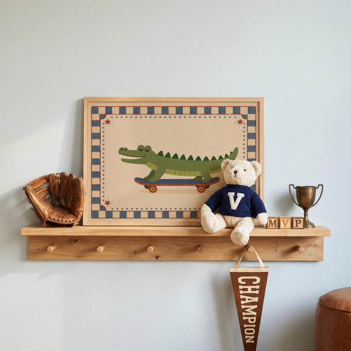 a wooden shelf with various items, including a framed picture of a green alligator on a skateboard, a teddy bear, a baseball glove, and a trophy.