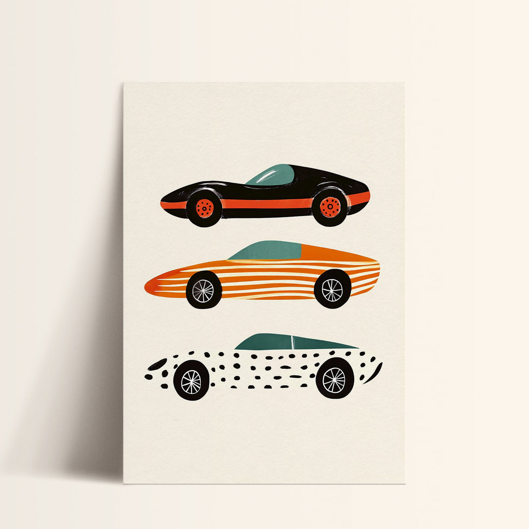 a card with a car and a surfboard on it