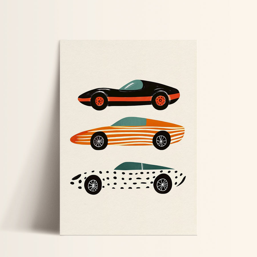 a card with a car and a surfboard on it