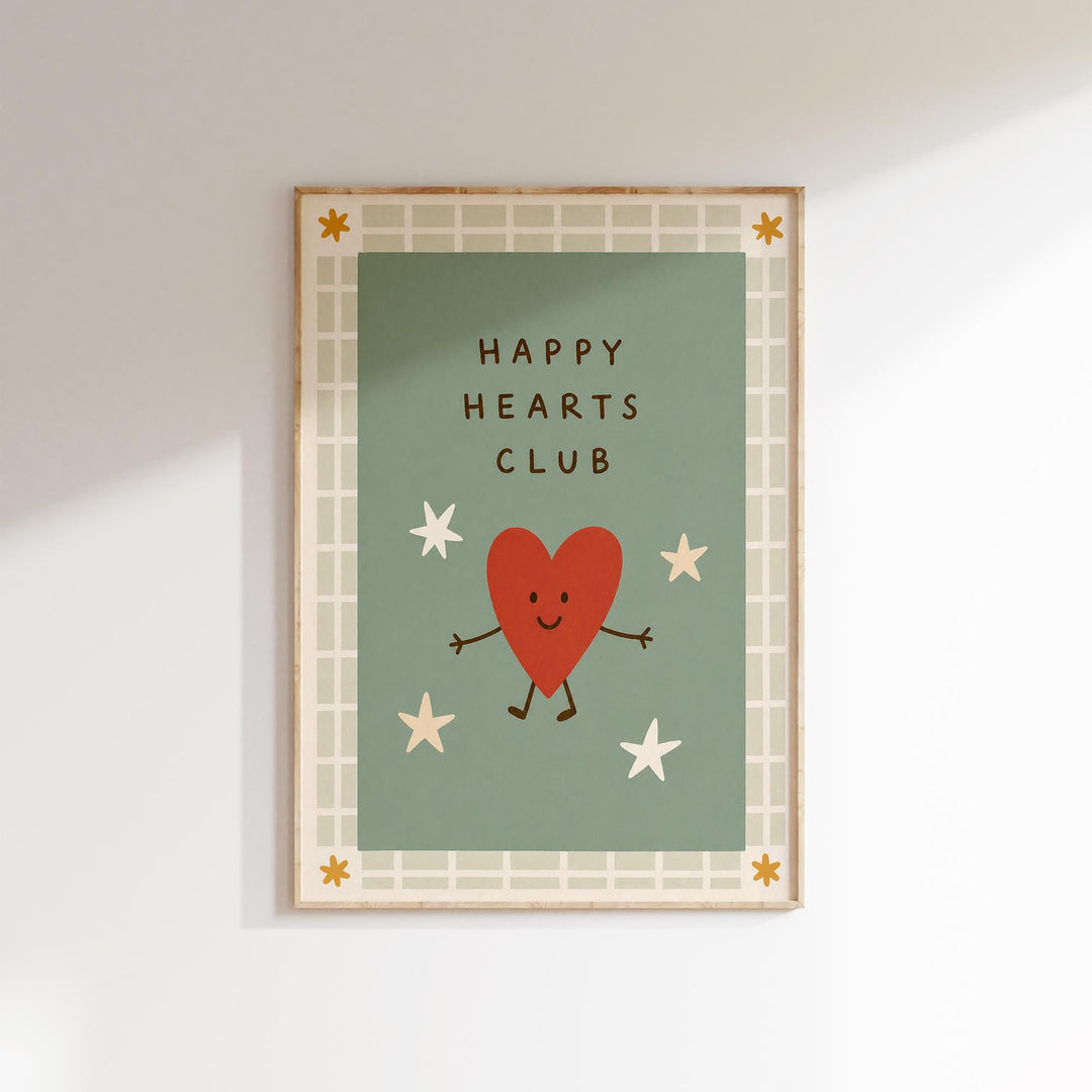 The image is a framed poster with a green background and a red heart character. The poster has a border with stars and the text "HAPPY HEARTS CLUB" written on it.