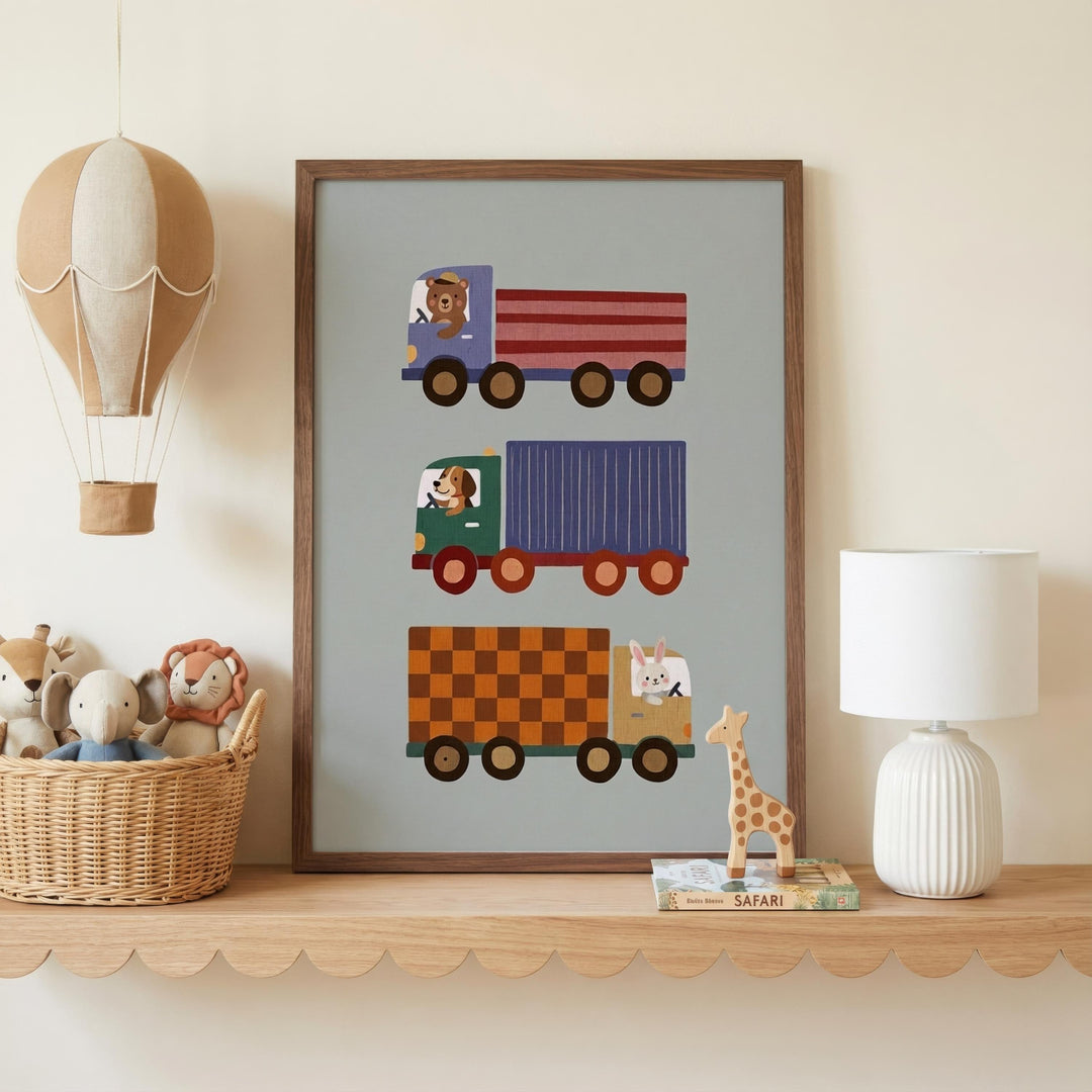 a shelf with a framed picture of colorful toy trucks, a hot air balloon, a basket of stuffed animals, and a lamp.