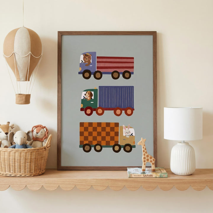 a shelf with a framed picture of colorful toy trucks, a hot air balloon, a basket of stuffed animals, and a lamp.
