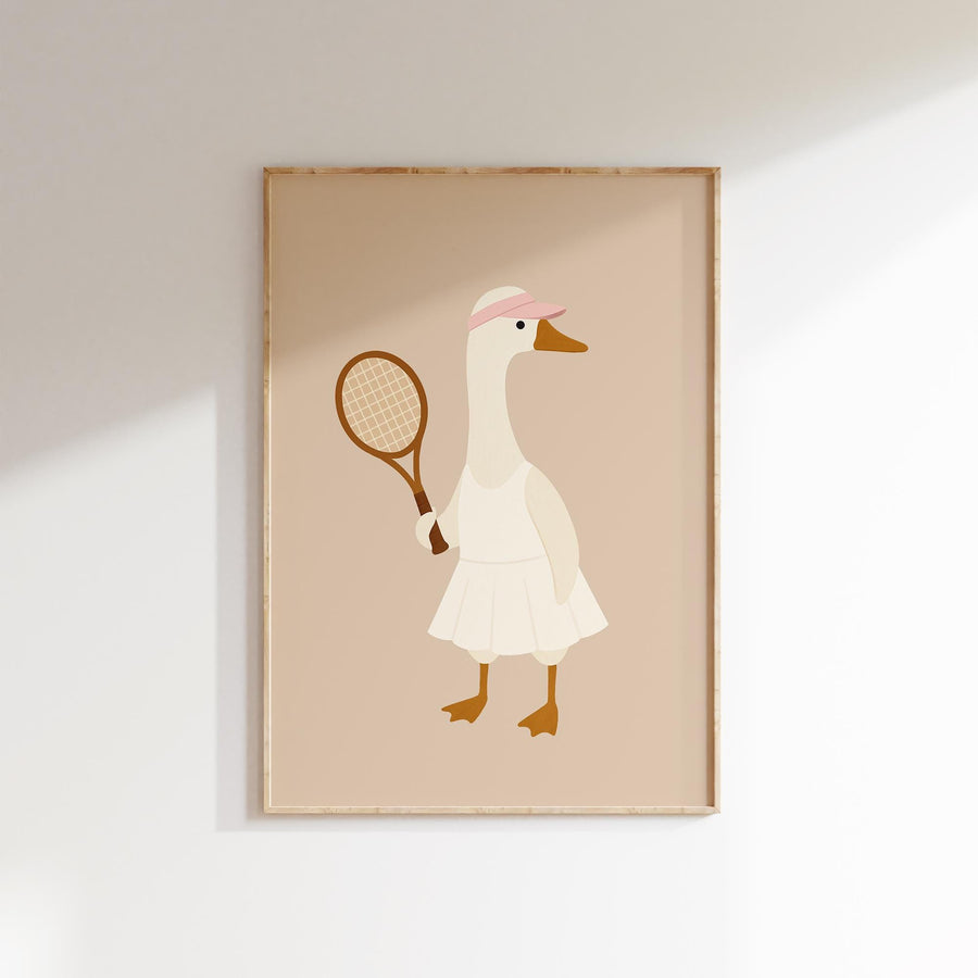 a picture of a duck with a tennis racket