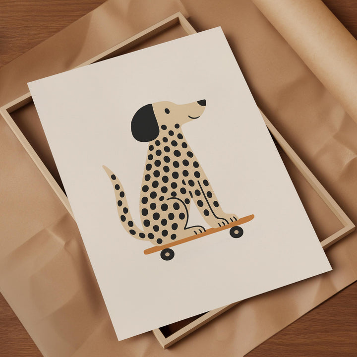 a card with a dog on a skateboard