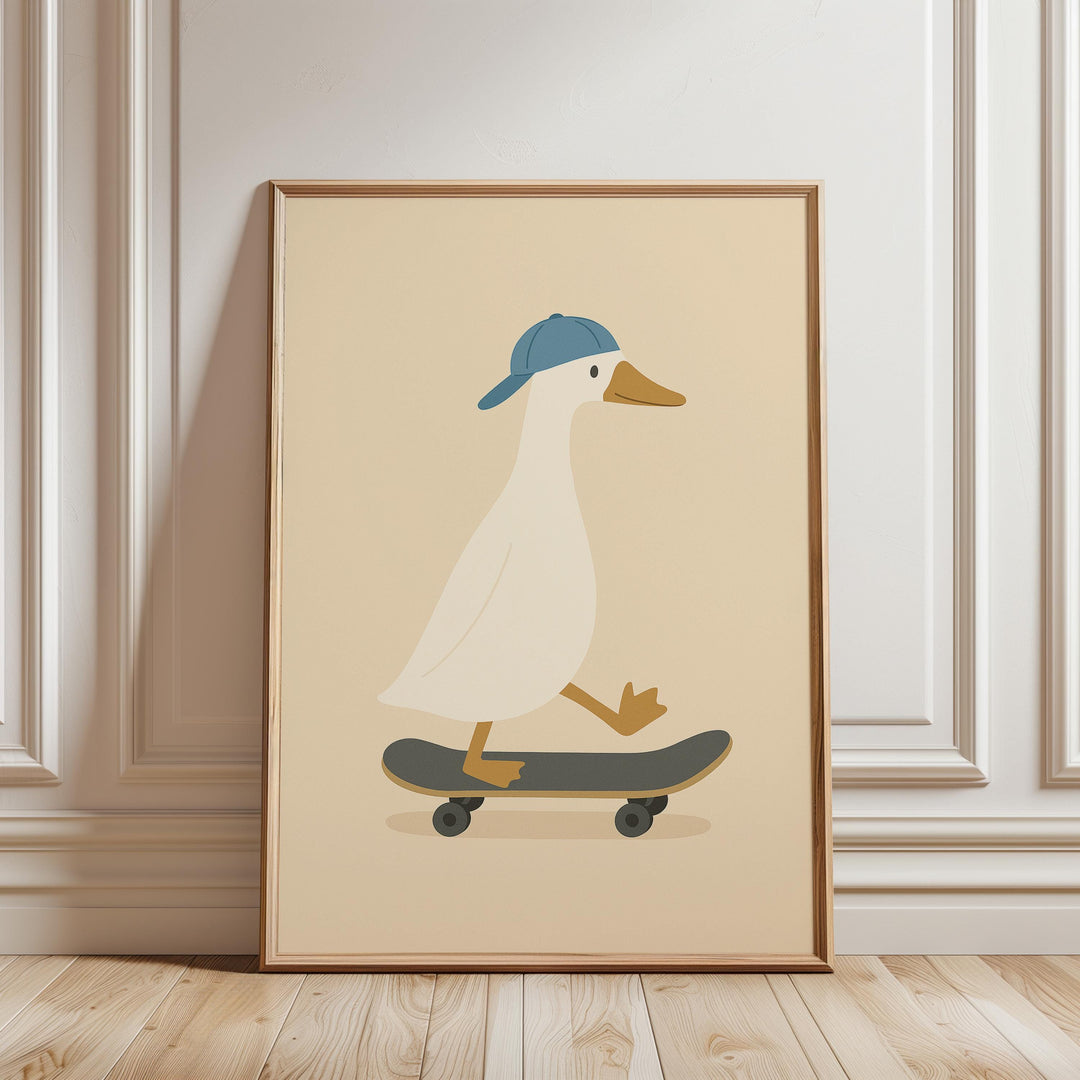 a picture of a duck on a skateboard