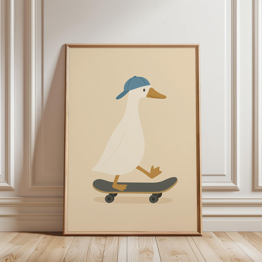 a picture of a duck on a skateboard