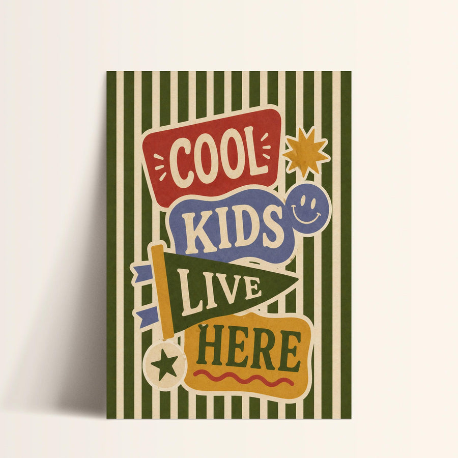 The image is a colorful poster with the text "COOL KIDS LIVE HERE" displayed prominently.