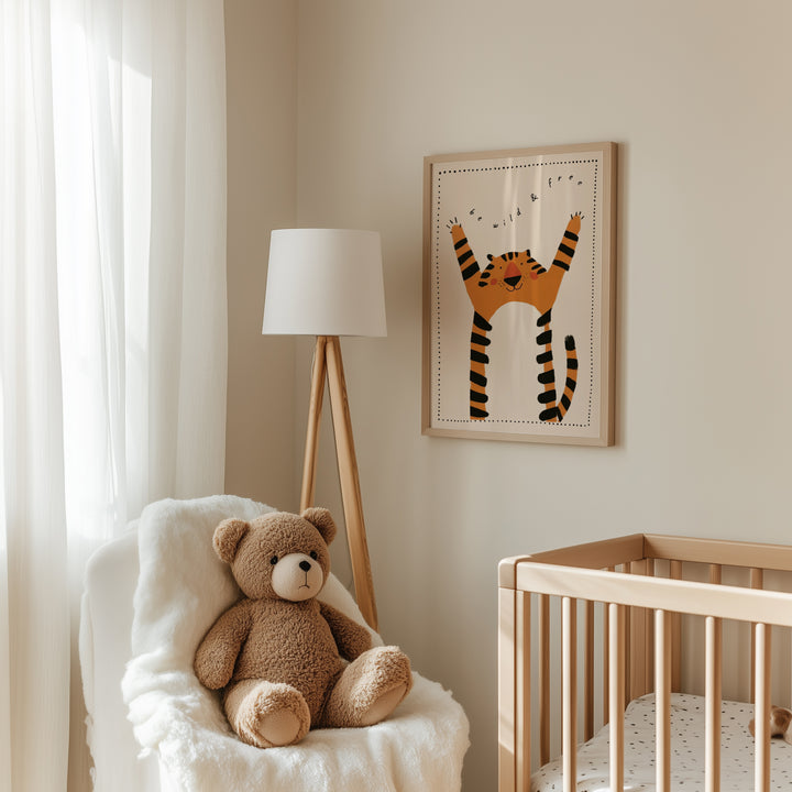 a teddy bear sitting in a chair next to a crib